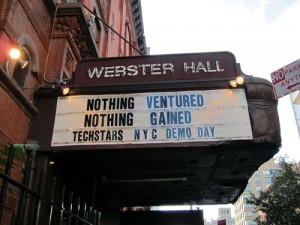 Webster Hall sign saying "Nothing Ventured, Nothing Gained, Techstars, NYC Demo Day."