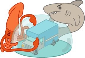 moving truck with force field surrounded by shark and squid