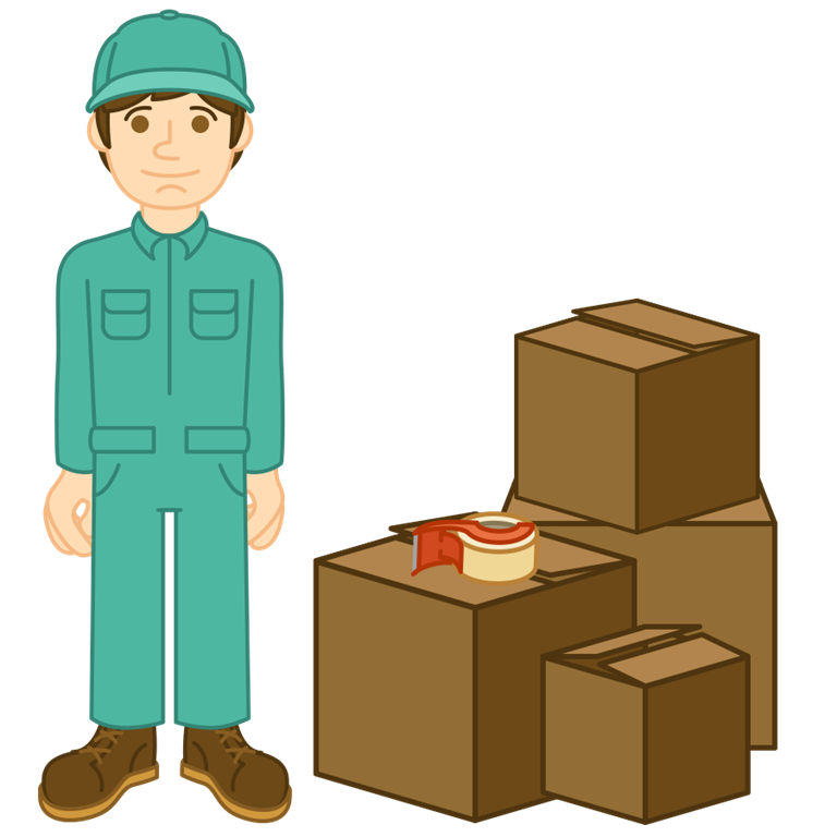 Moving man in blue next to box pile