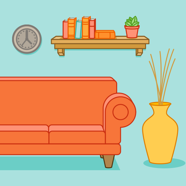 Couch with shelf above